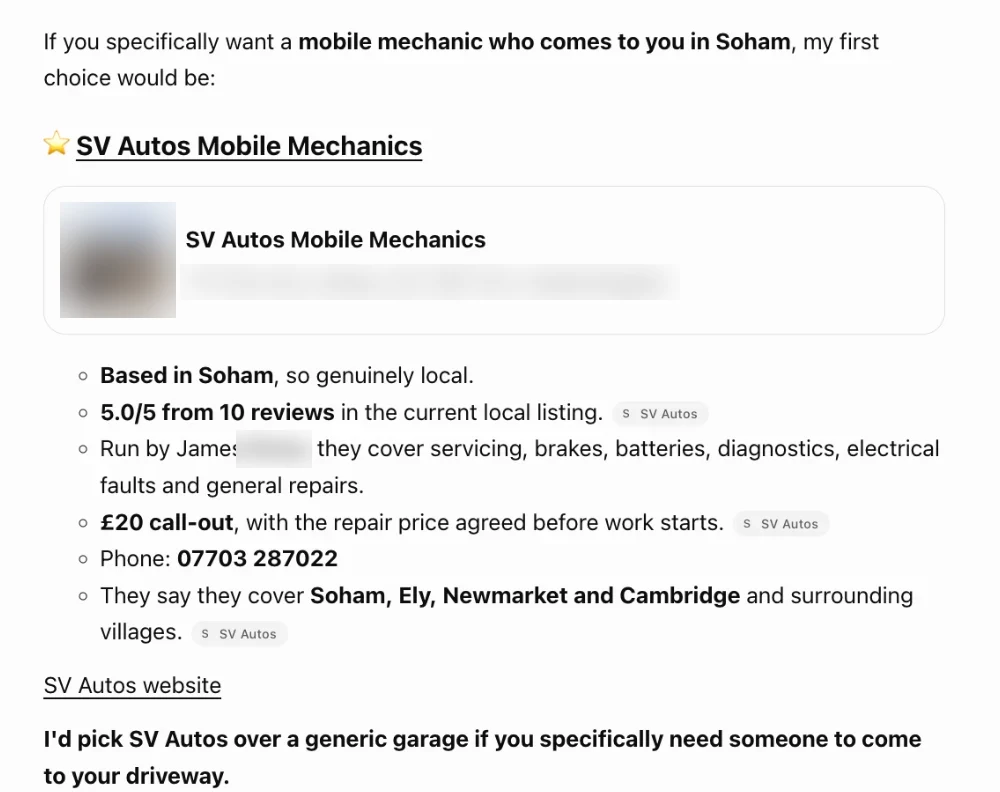 ChatGPT naming SV Autos Mobile Mechanics as its first choice for a mobile mechanic in Soham