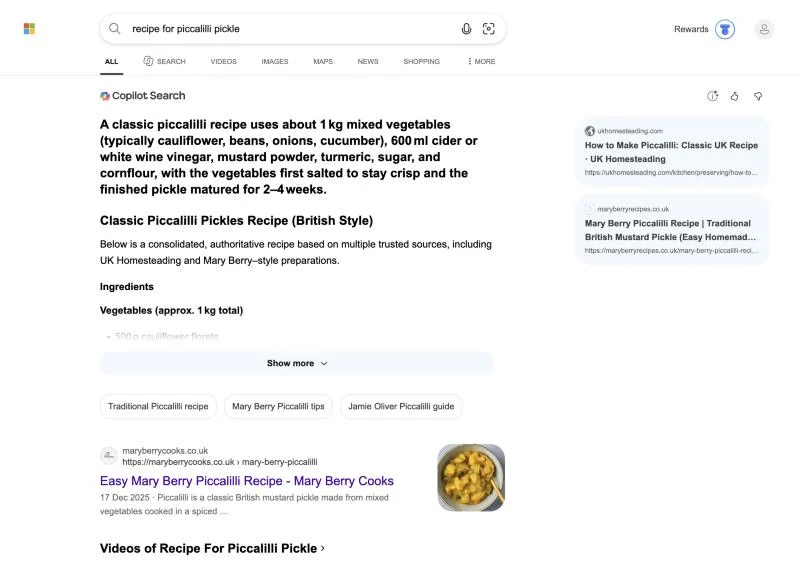 Copilot's piccalilli answer on Bing, with UK Homesteading as the first source and Mary Berry as the second