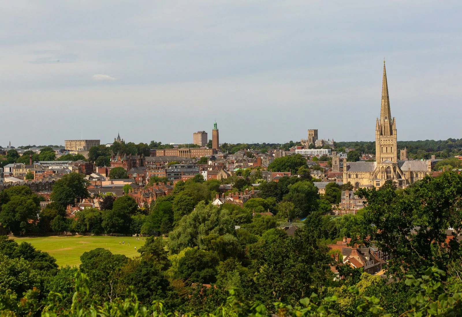 Norwich city centre, with the cathedral spire above the rooftops