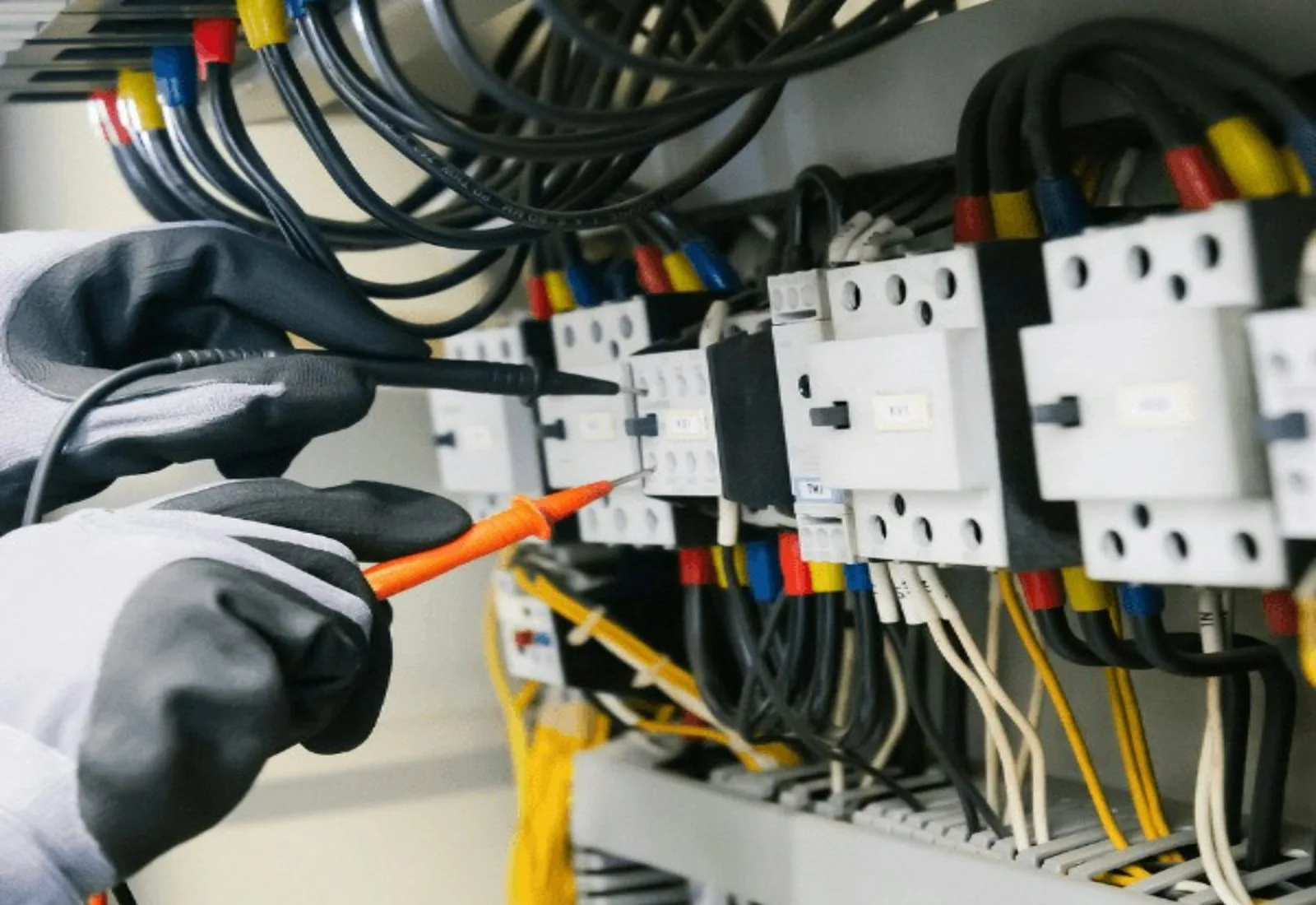 A tradesman in a hard hat testing an electrical panel