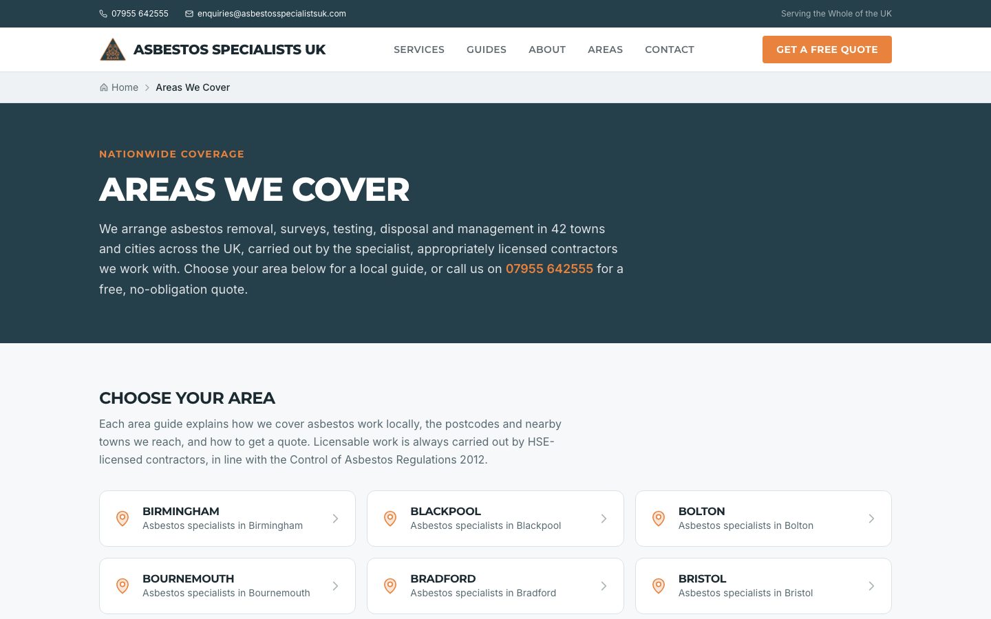 The areas page, the towns and cities covered