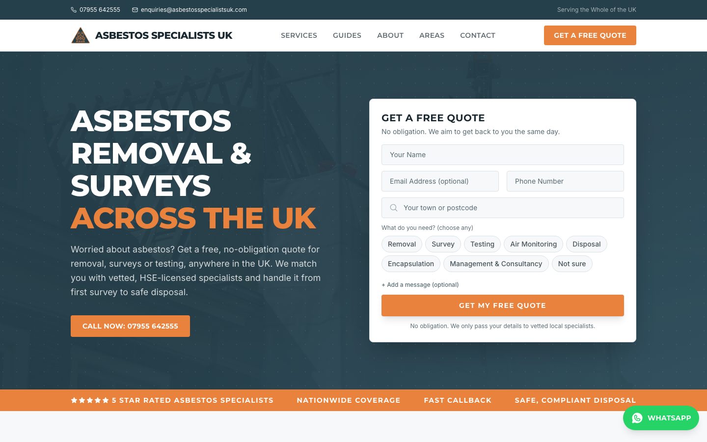 The Asbestos Specialists UK homepage, with the quote form beside the headline