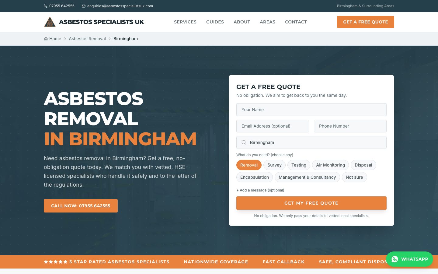 A service and town page, asbestos removal in Birmingham