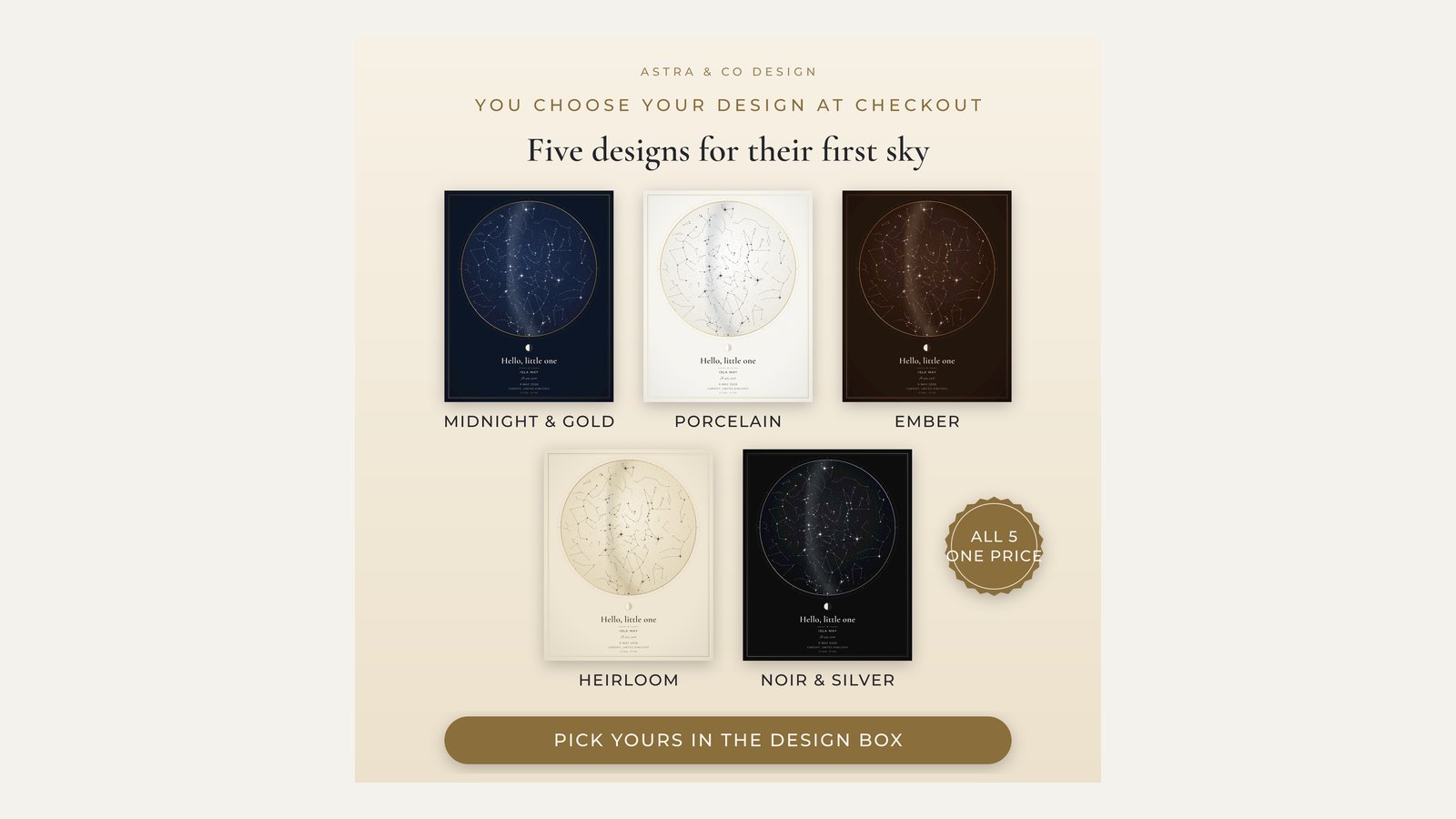 The five designs offered at one price