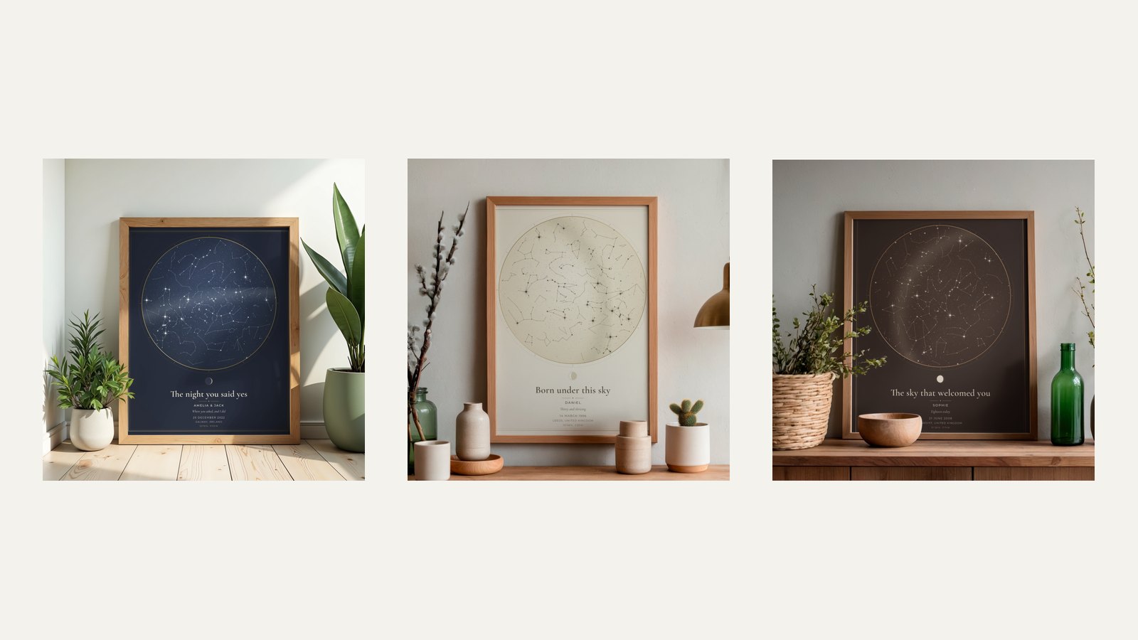 Star map posters framed in a room