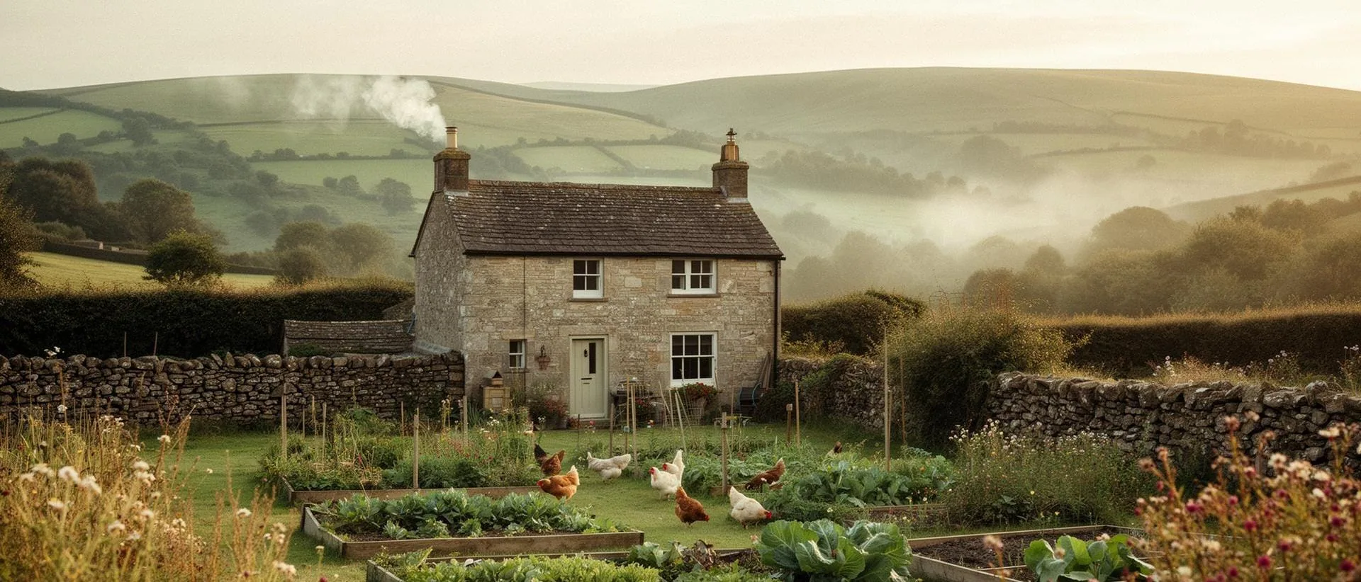 A stone cottage and its vegetable garden, from the UK Homesteading site