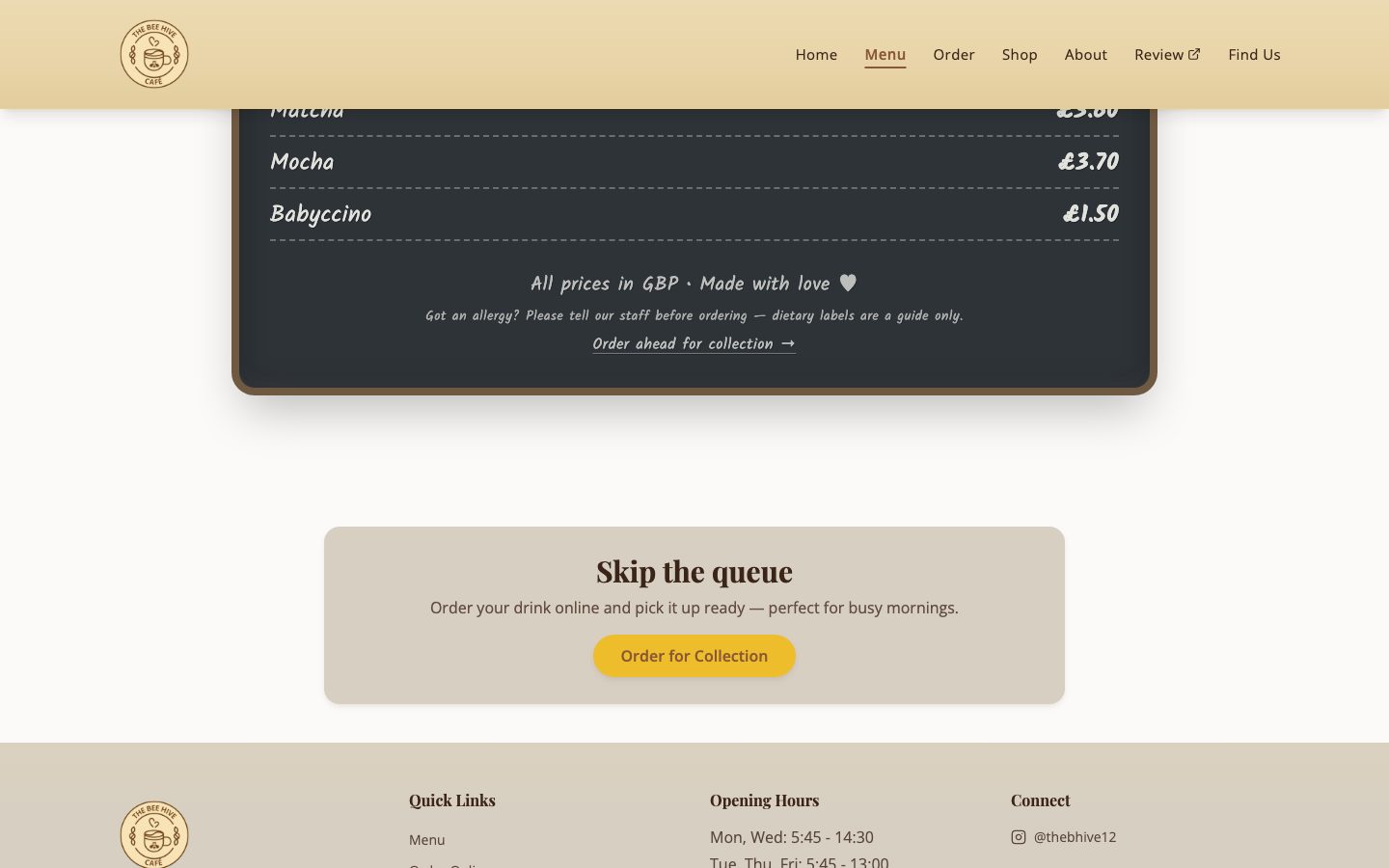 The menu, read live from Square