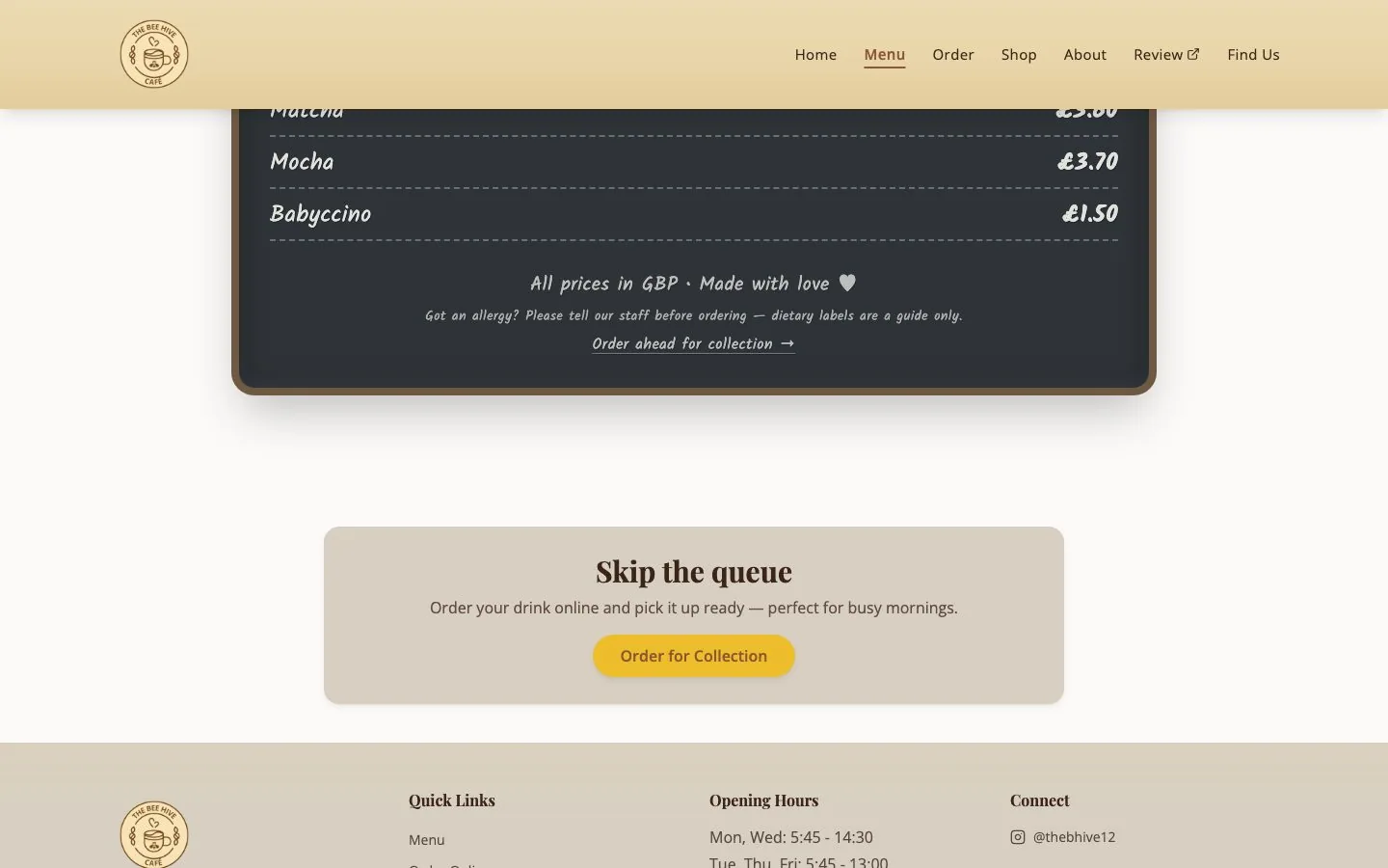 The menu, read live from Square