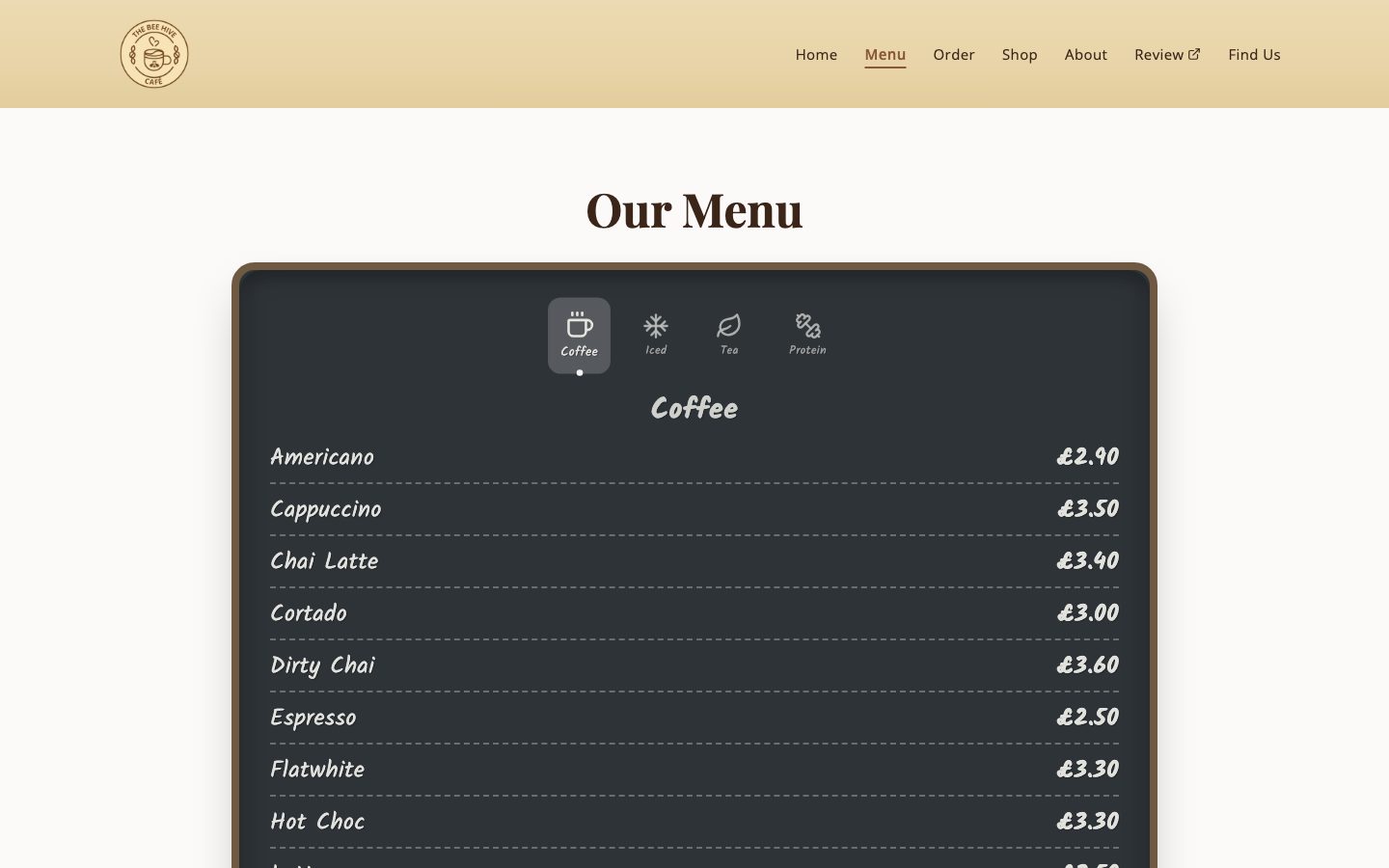 The menu page