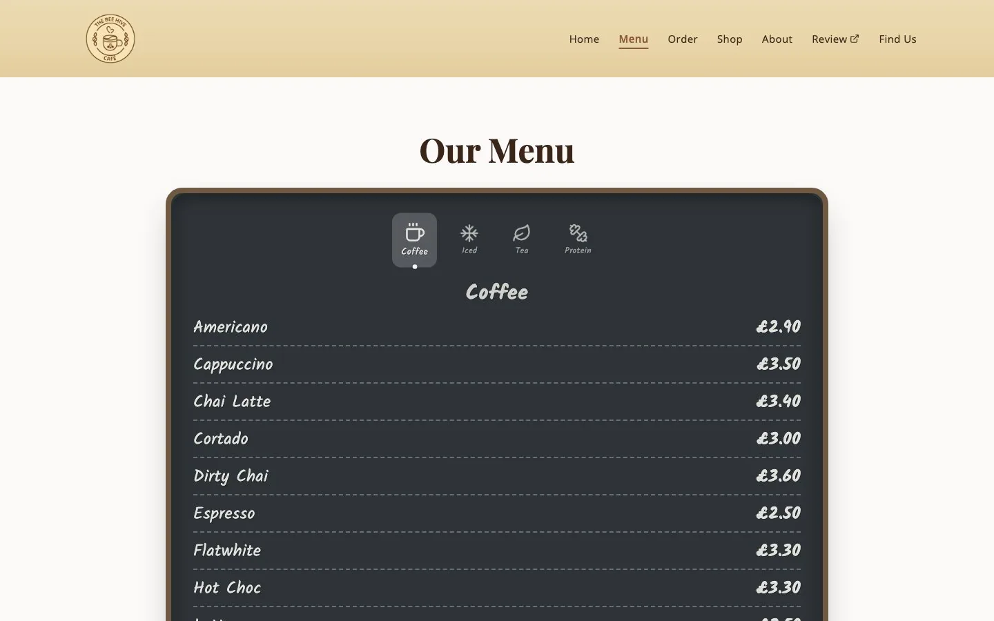 The menu page