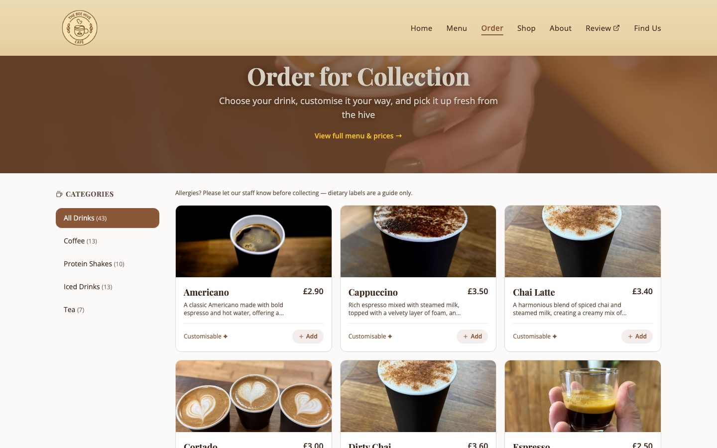 The order page, where a customer builds a drink and collects it from the cafe