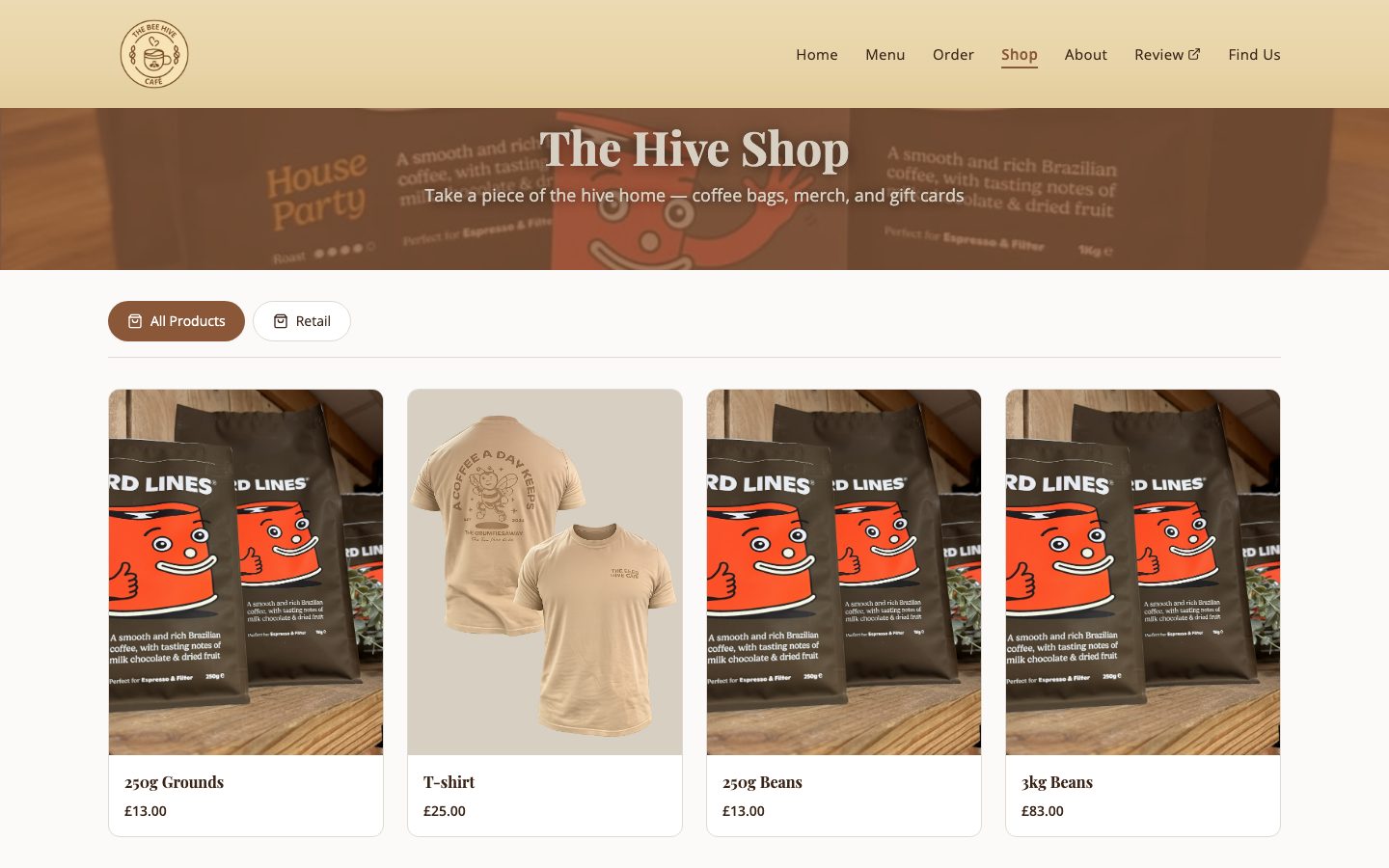 The shop, with retail bags of coffee