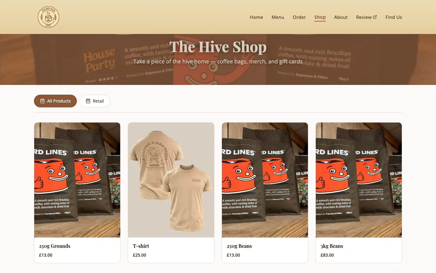 The shop, with retail bags of coffee