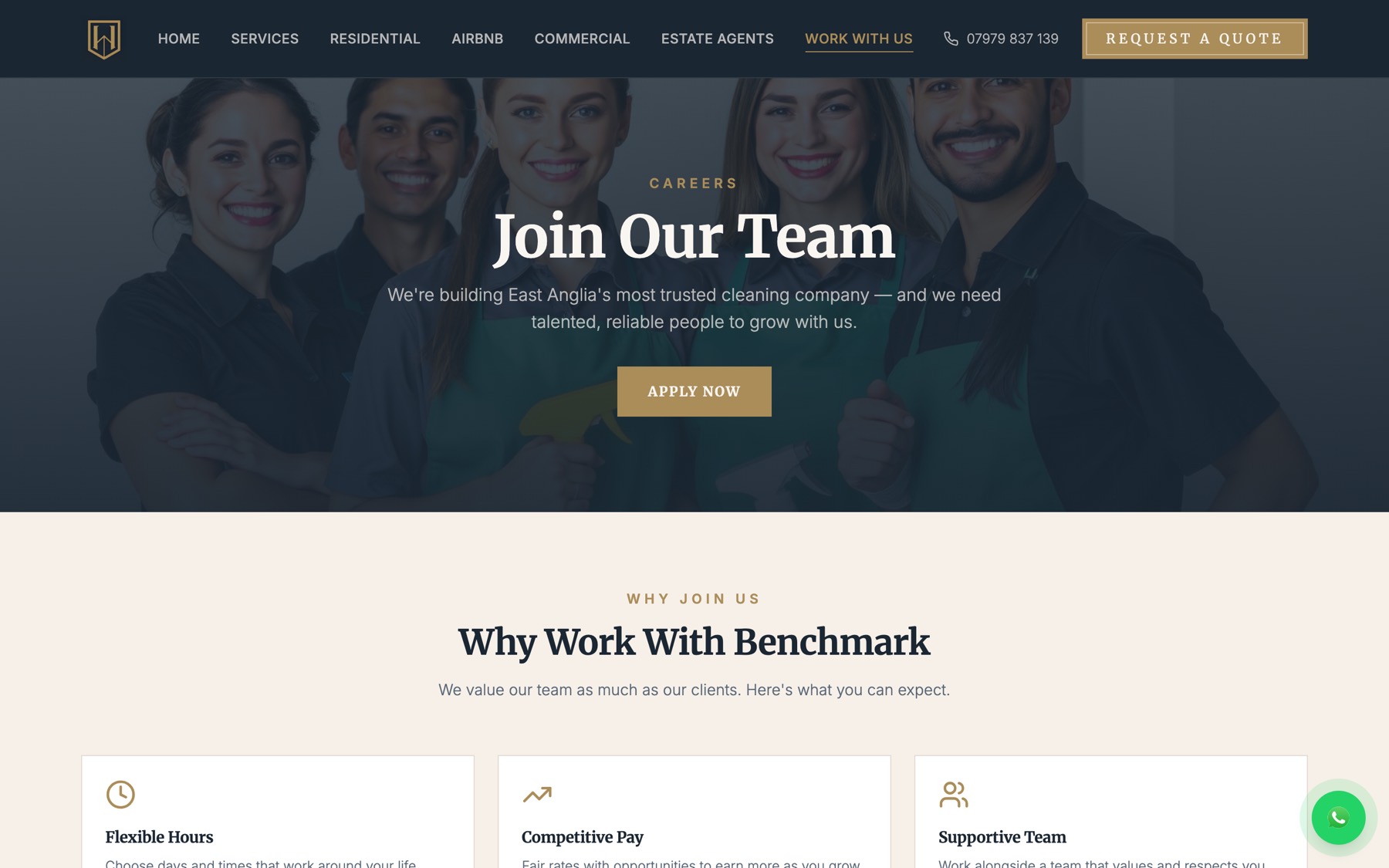 The recruitment page, where cleaners apply to join