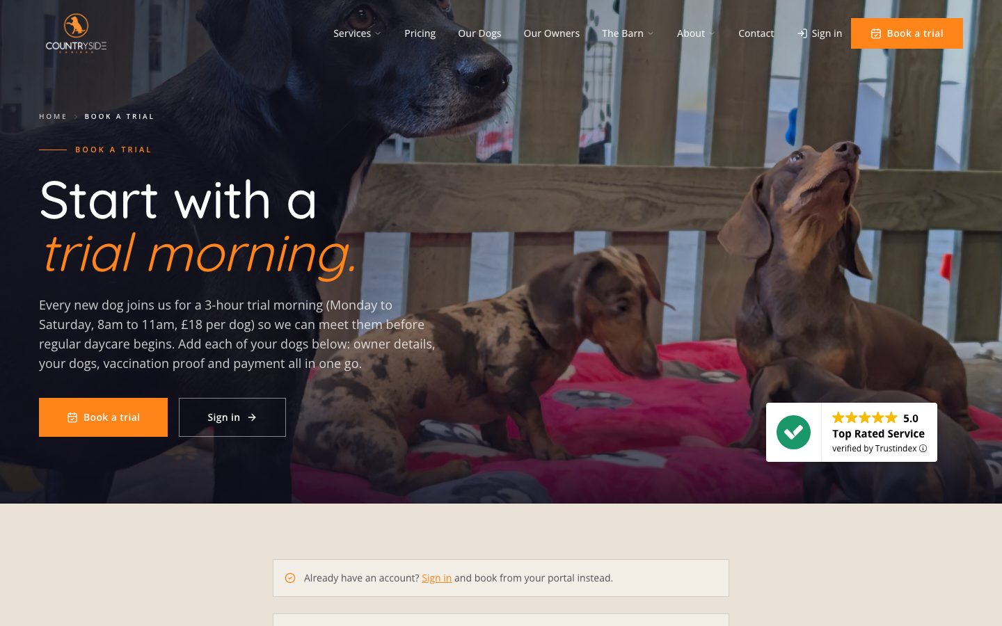 The book a trial page, where every new dog starts