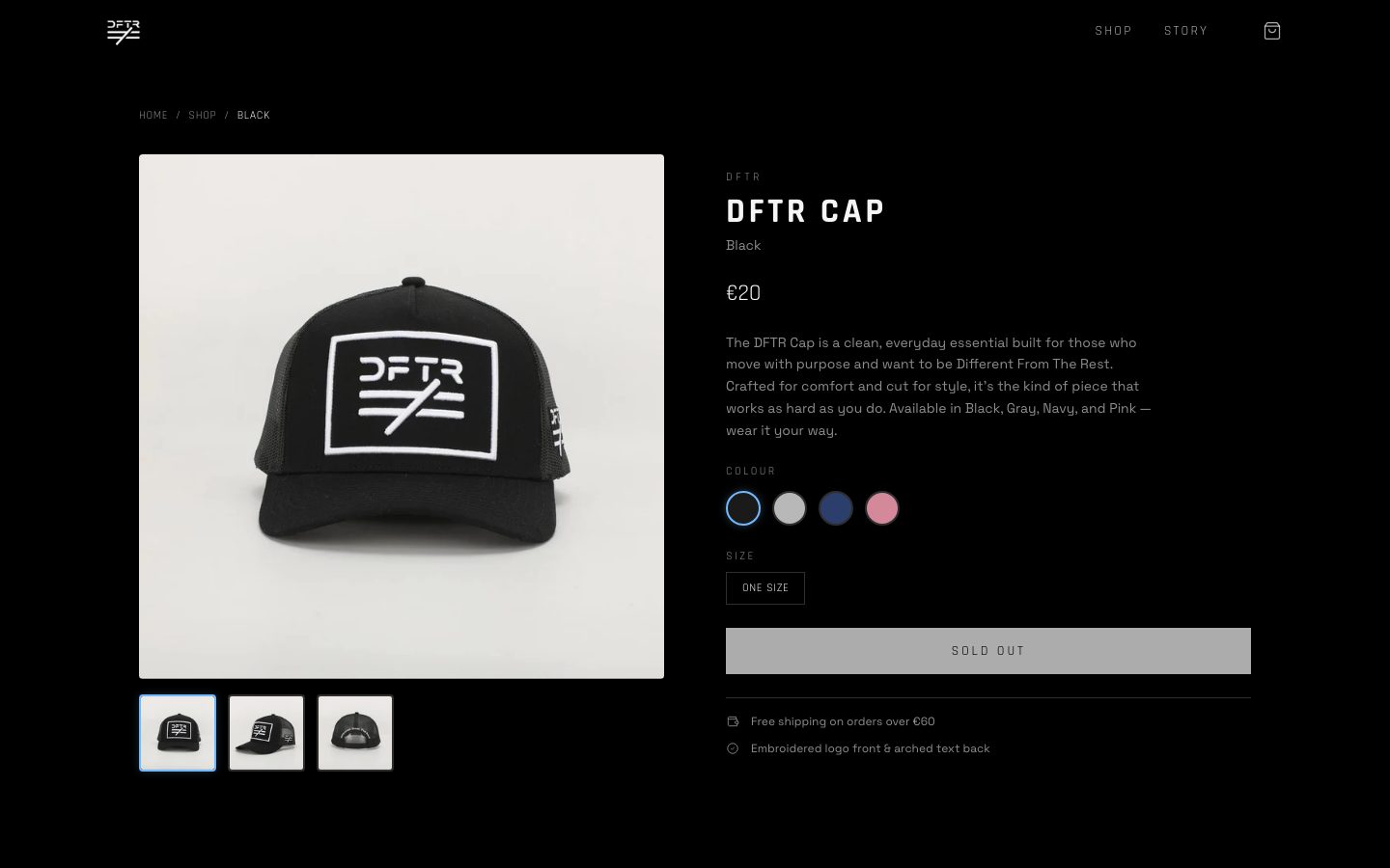 A product page, with colour variants and the sold-out state