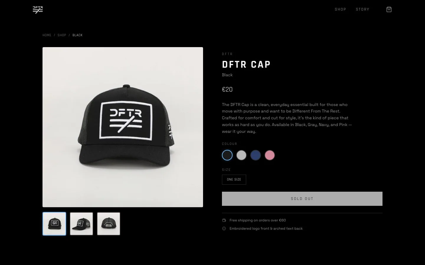 A product page, with colour variants and the sold-out state