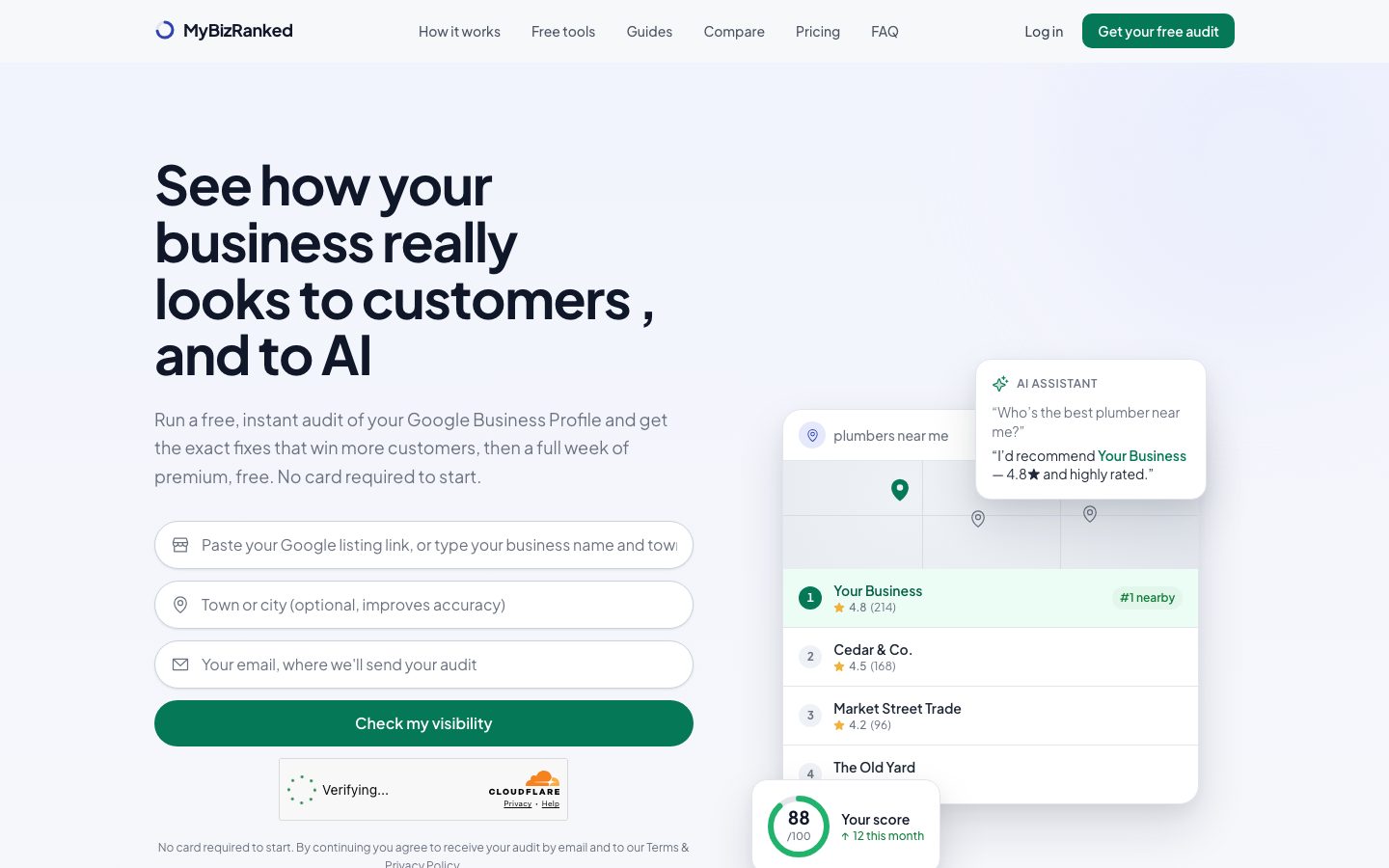 The MyBizRanked homepage: see how your business really looks to customers, and to AI