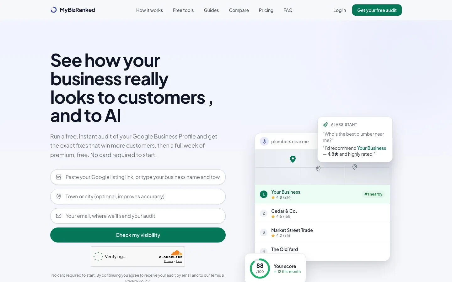 The MyBizRanked homepage: see how your business really looks to customers, and to AI