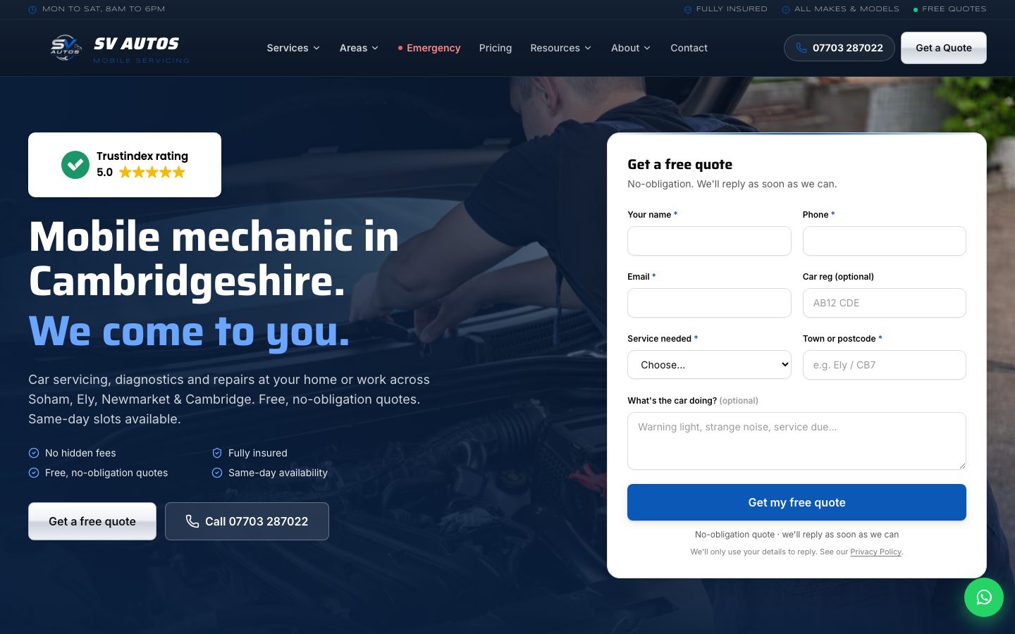 The SV Autos homepage: mobile mechanic across Soham, Ely, Newmarket and Cambridge