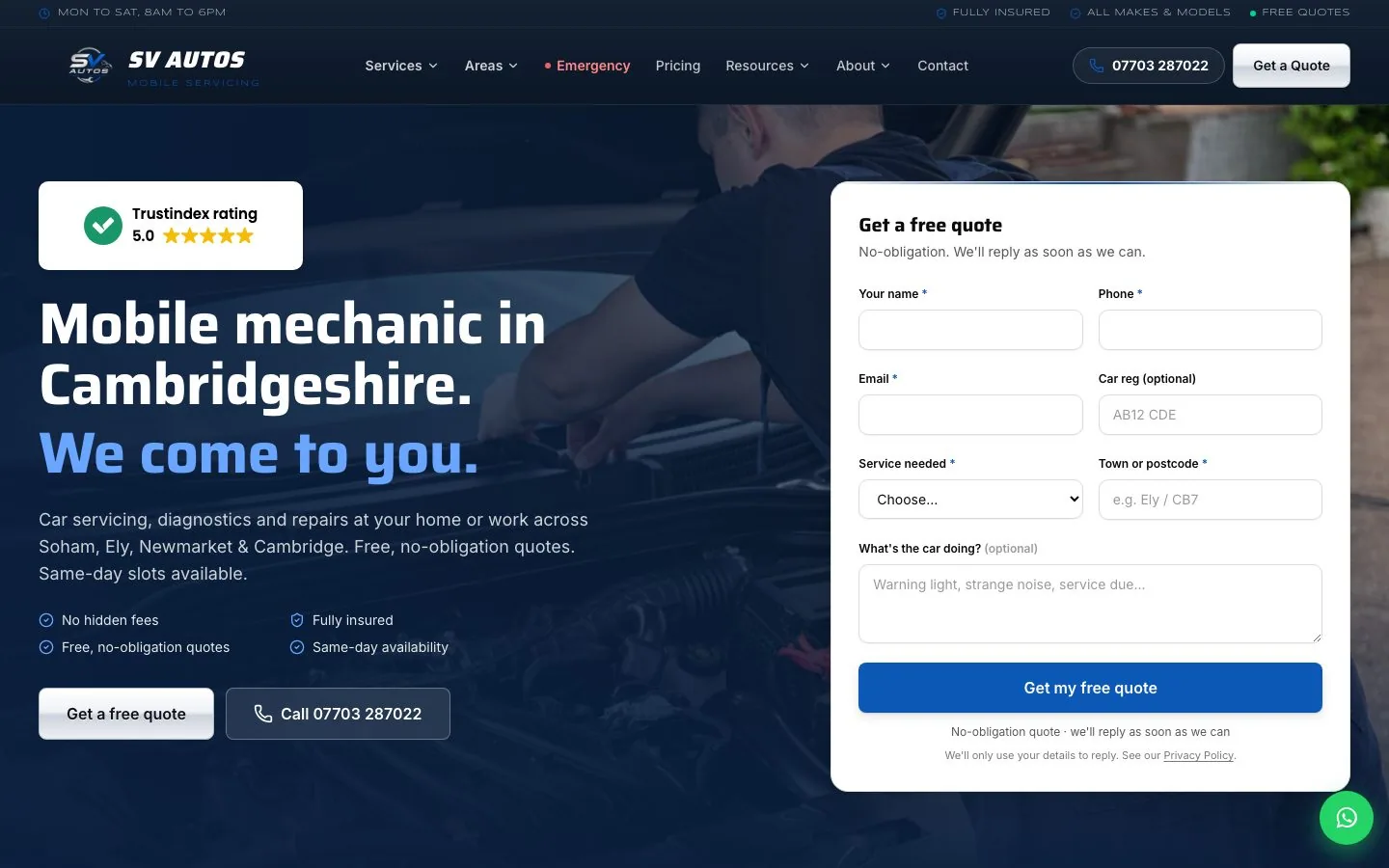 The SV Autos homepage: mobile mechanic across Soham, Ely, Newmarket and Cambridge