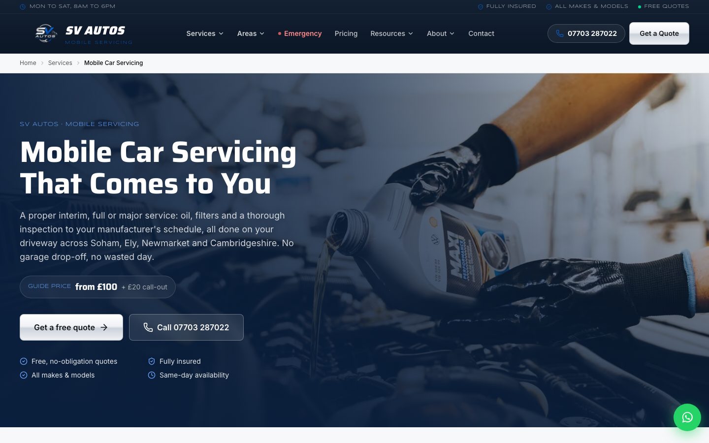 The mobile car servicing page with its price card