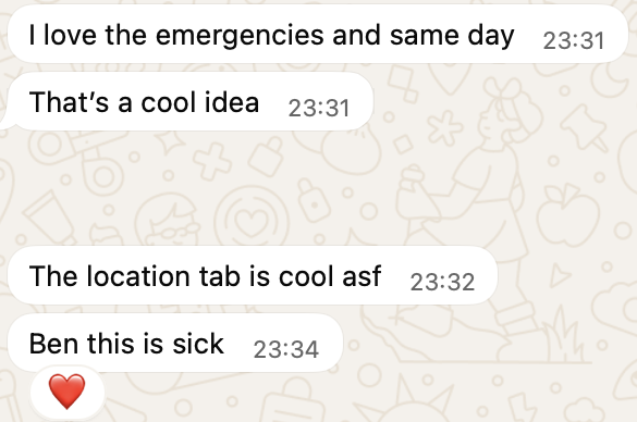 WhatsApp messages from James at SV Autos: I love the emergencies and same day. That's a cool idea. The location tab is cool asf. Ben this is sick.