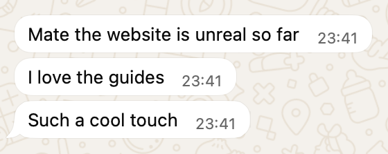 WhatsApp messages from James at SV Autos: Mate the website is unreal so far. I love the guides. Such a cool touch.