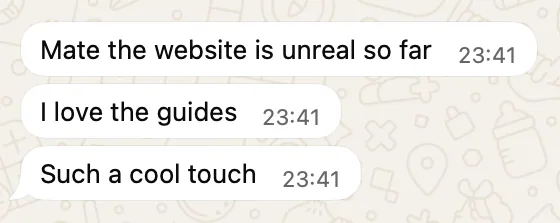 WhatsApp messages: Mate the website is unreal so far. I love the guides. Such a cool touch.