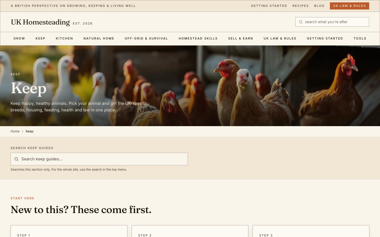 The Keep section, animals and their housing, feeding, health and law