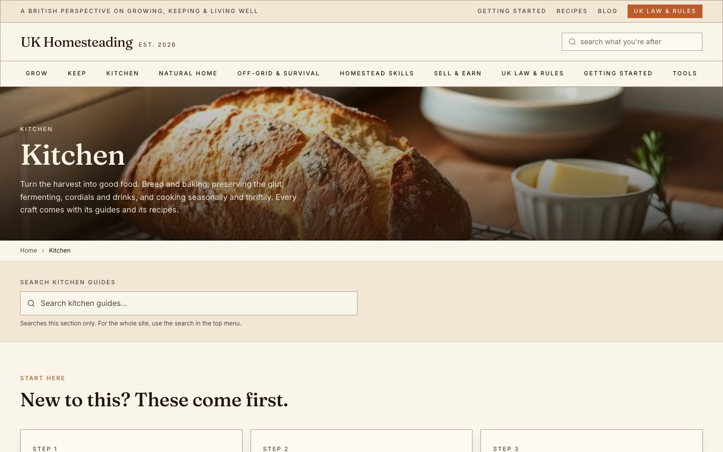 The Kitchen section, preserving, fermenting, baking and cooking seasonally
