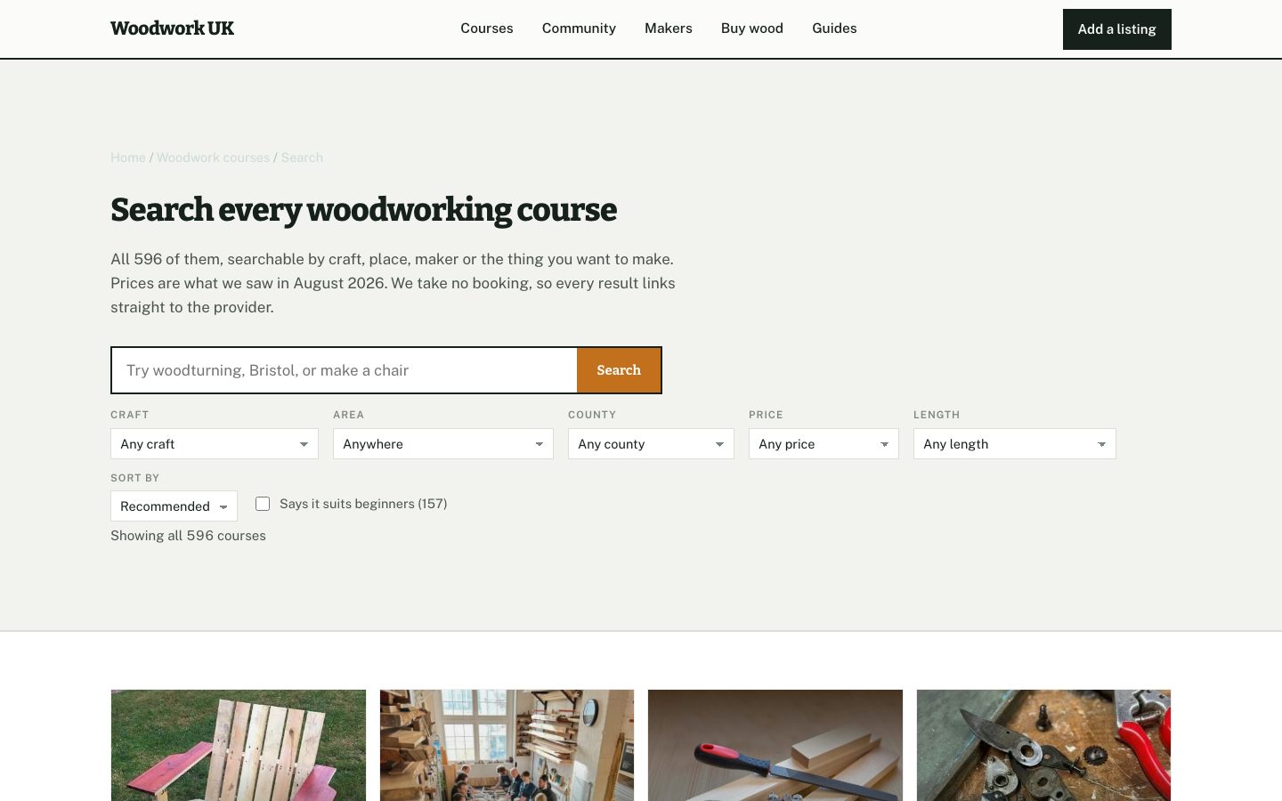 The search, filtered by craft, area, price and length